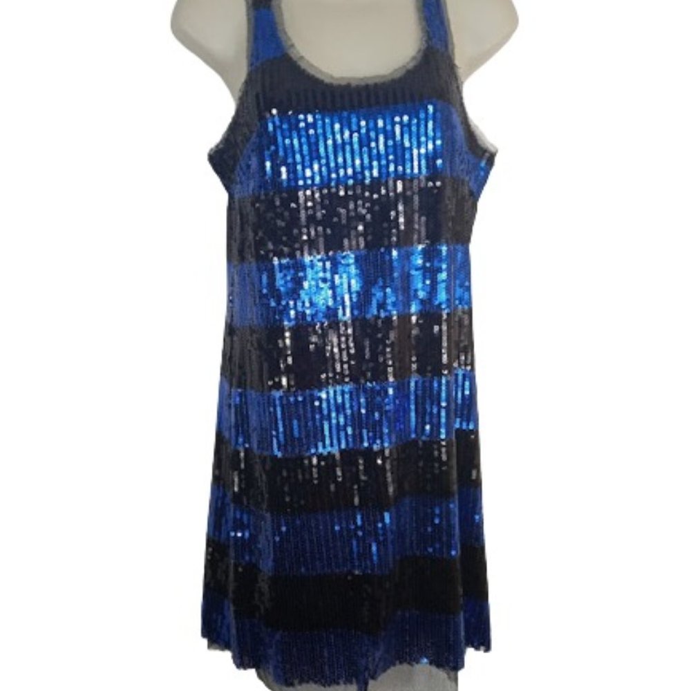 Maloom Womens Mini Tank Dress Blue Black Striped Sequined Mesh Racerback 4